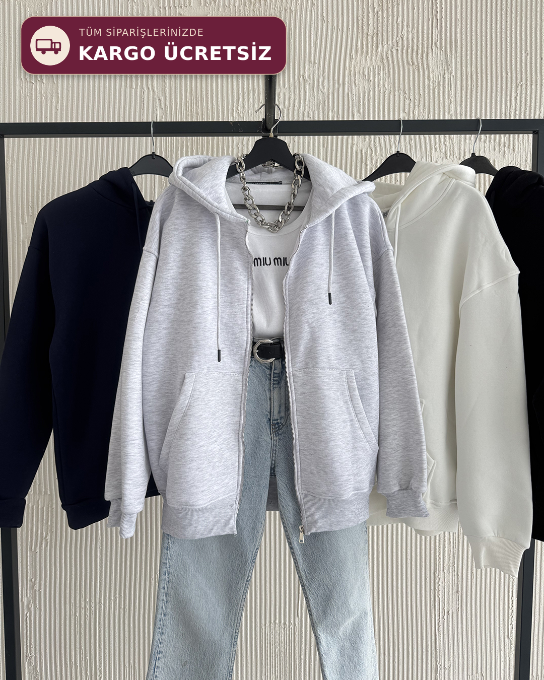 Fermuarlı Kapüşonlu Oversize Melanj Hırka