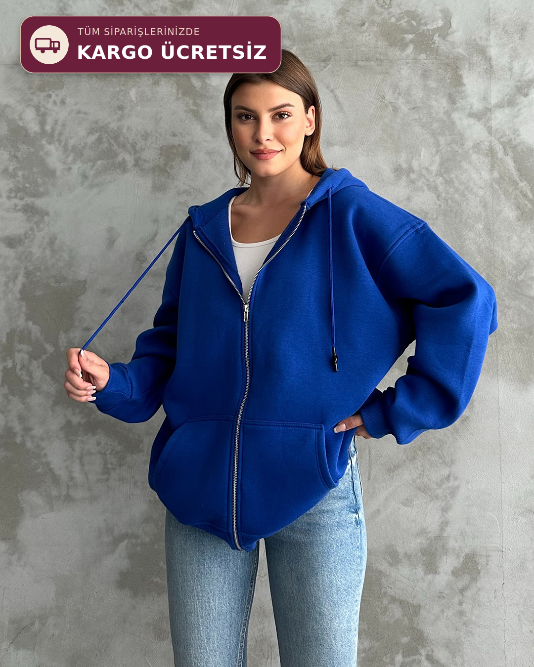 Fermuarlı Kapüşonlu Oversize Saks Mavisi Hırka