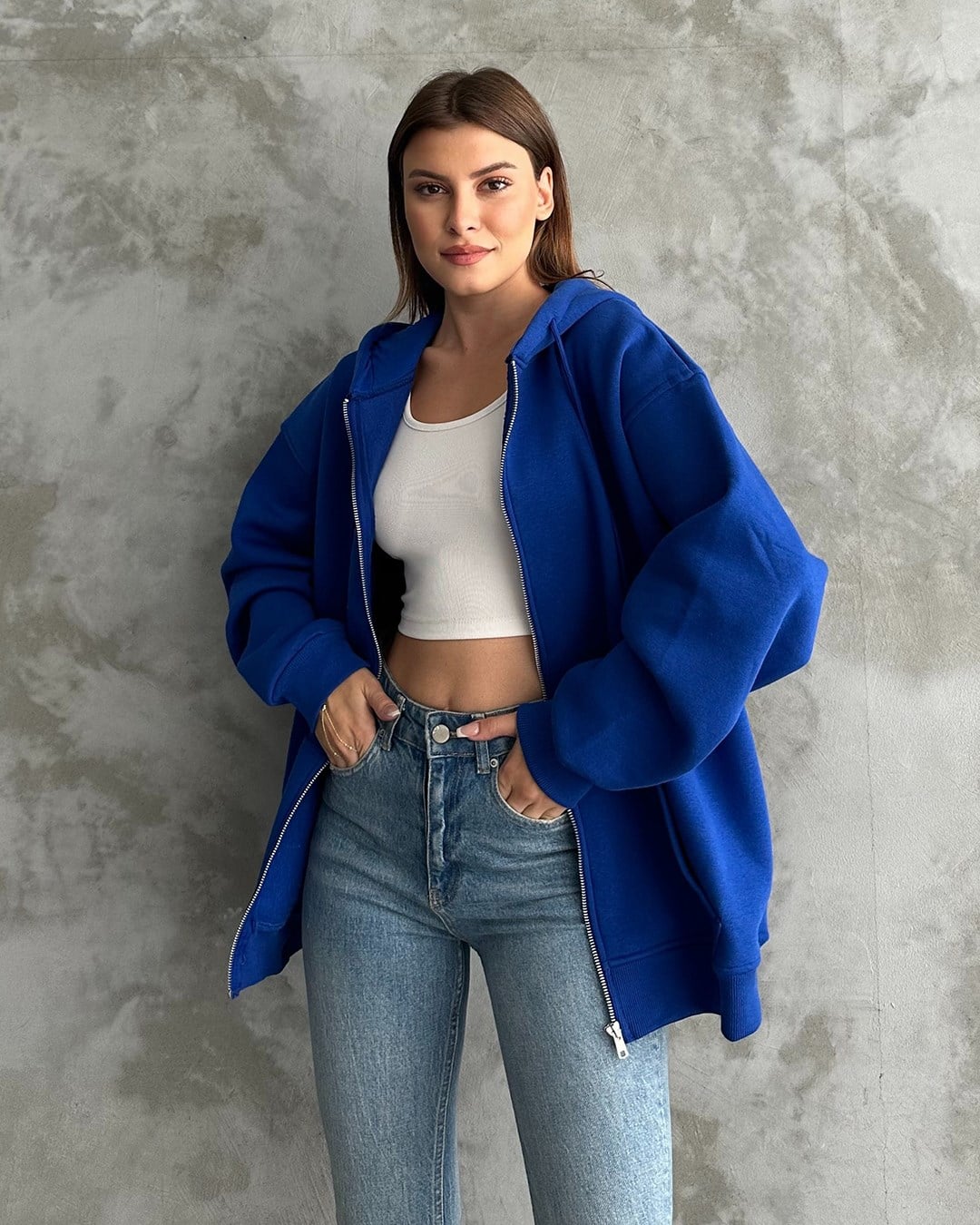 Fermuarlı Kapüşonlu Oversize Saks Mavisi Hırka
