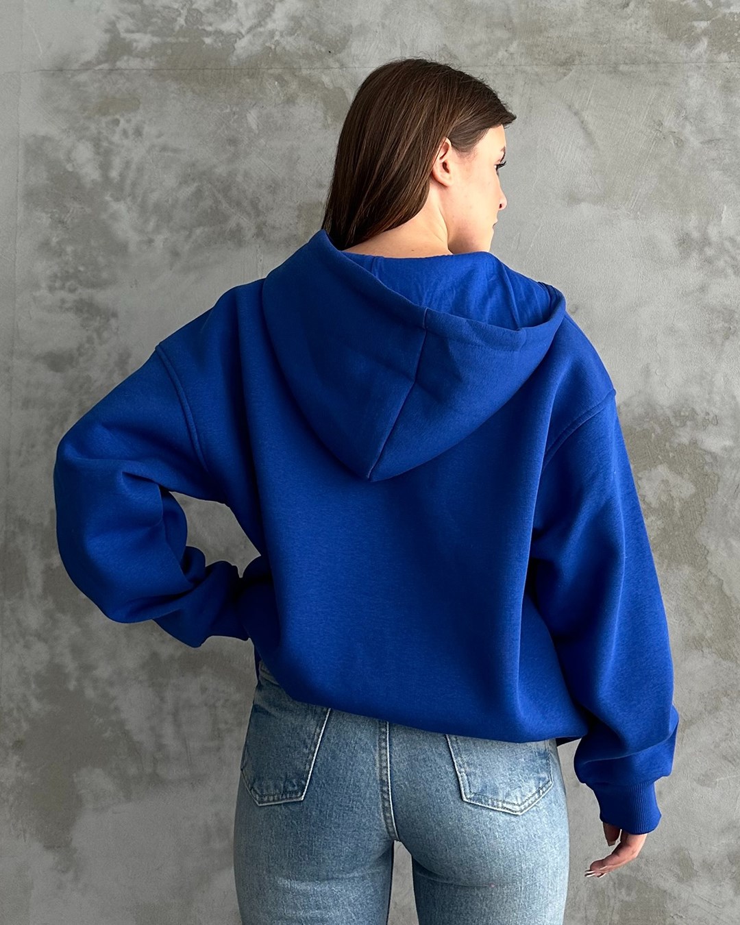 Fermuarlı Kapüşonlu Oversize Saks Mavisi Hırka