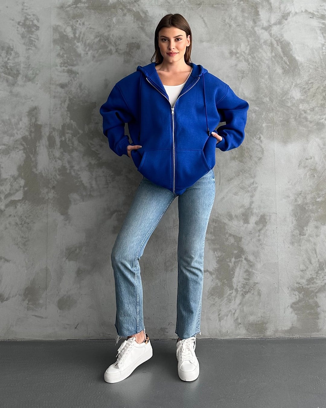 Fermuarlı Kapüşonlu Oversize Saks Mavisi Hırka