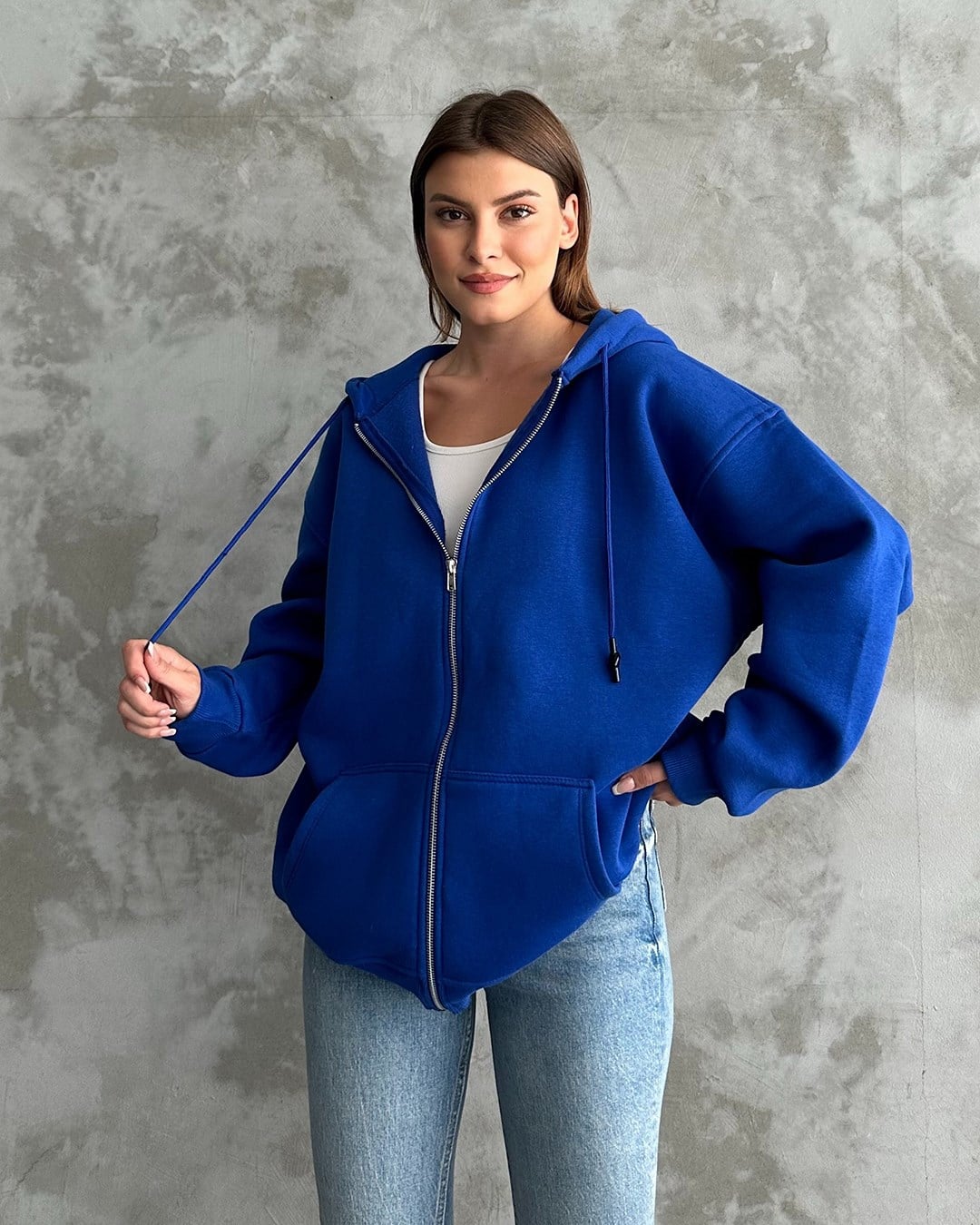 Fermuarlı Kapüşonlu Oversize Saks Mavisi Hırka