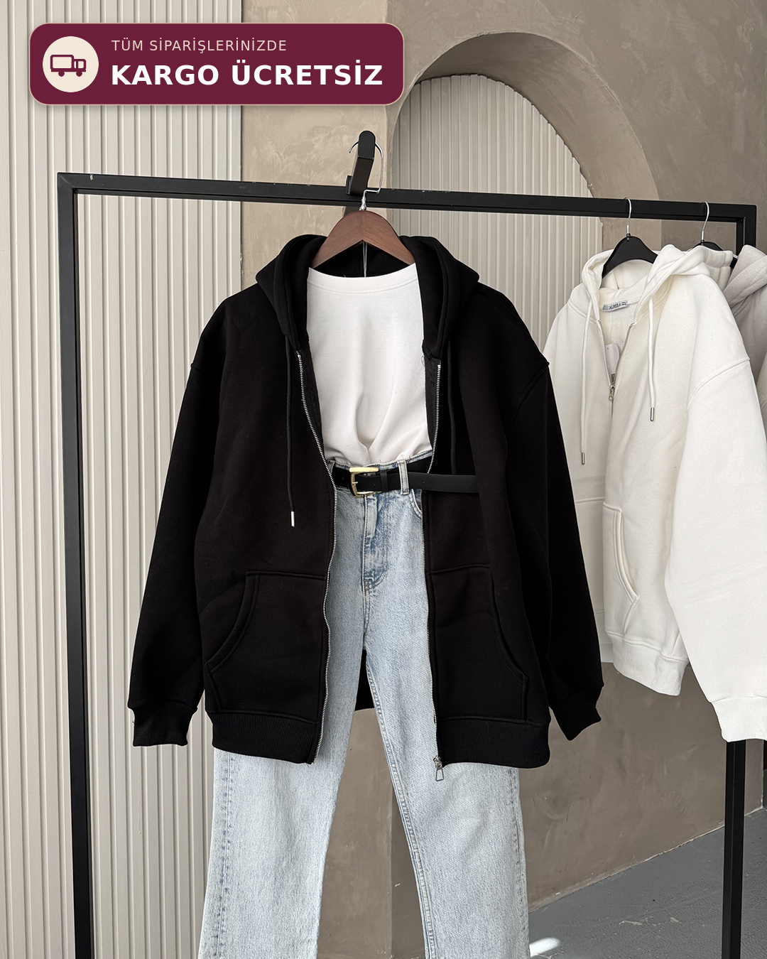 Fermuarlı Kapüşonlu Oversize Siyah Hırka