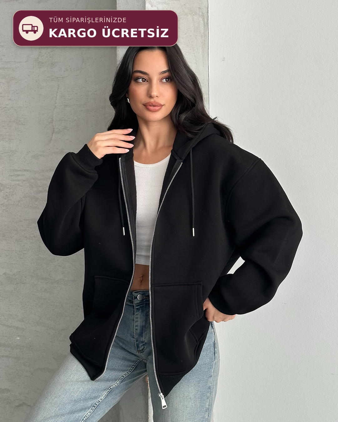 Fermuarlı Kapüşonlu Oversize Siyah Hırka
