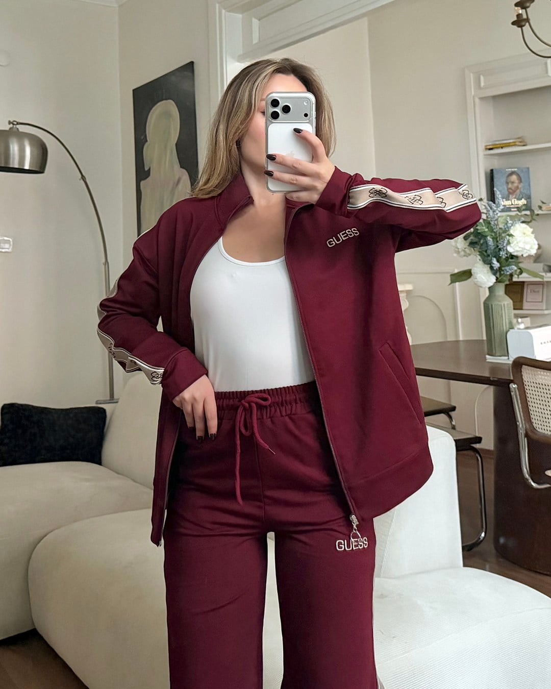 Fermuarlı Şerit Detaylı Bordo Eşofman Takımı