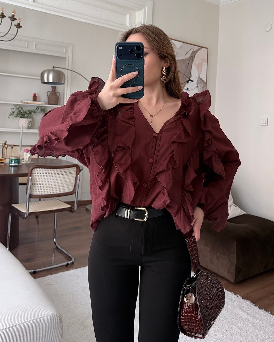 Fırfır Detaylı Bordo Gömlek