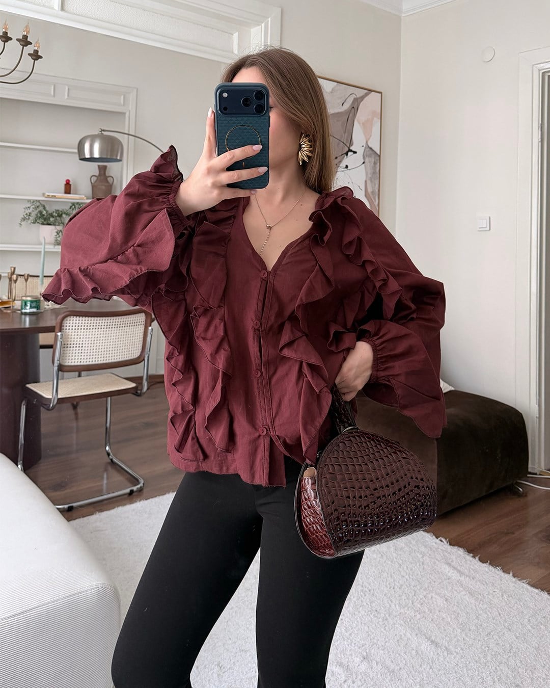 Fırfır Detaylı Bordo Gömlek