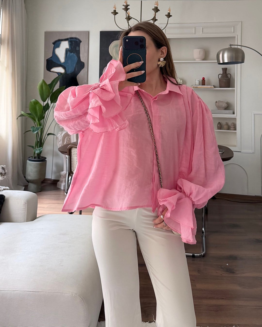 Fırfır Kollu Pembe Şifon Gömlek