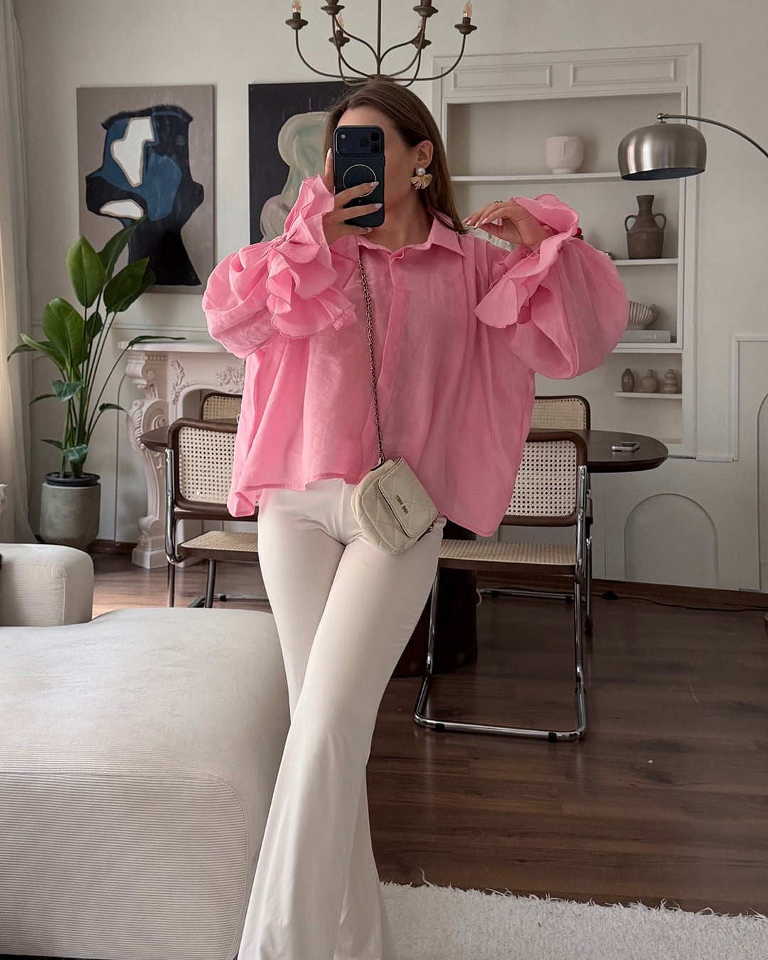 Fırfır Kollu Pembe Şifon Gömlek