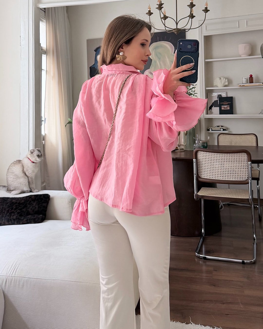 Fırfır Kollu Pembe Şifon Gömlek