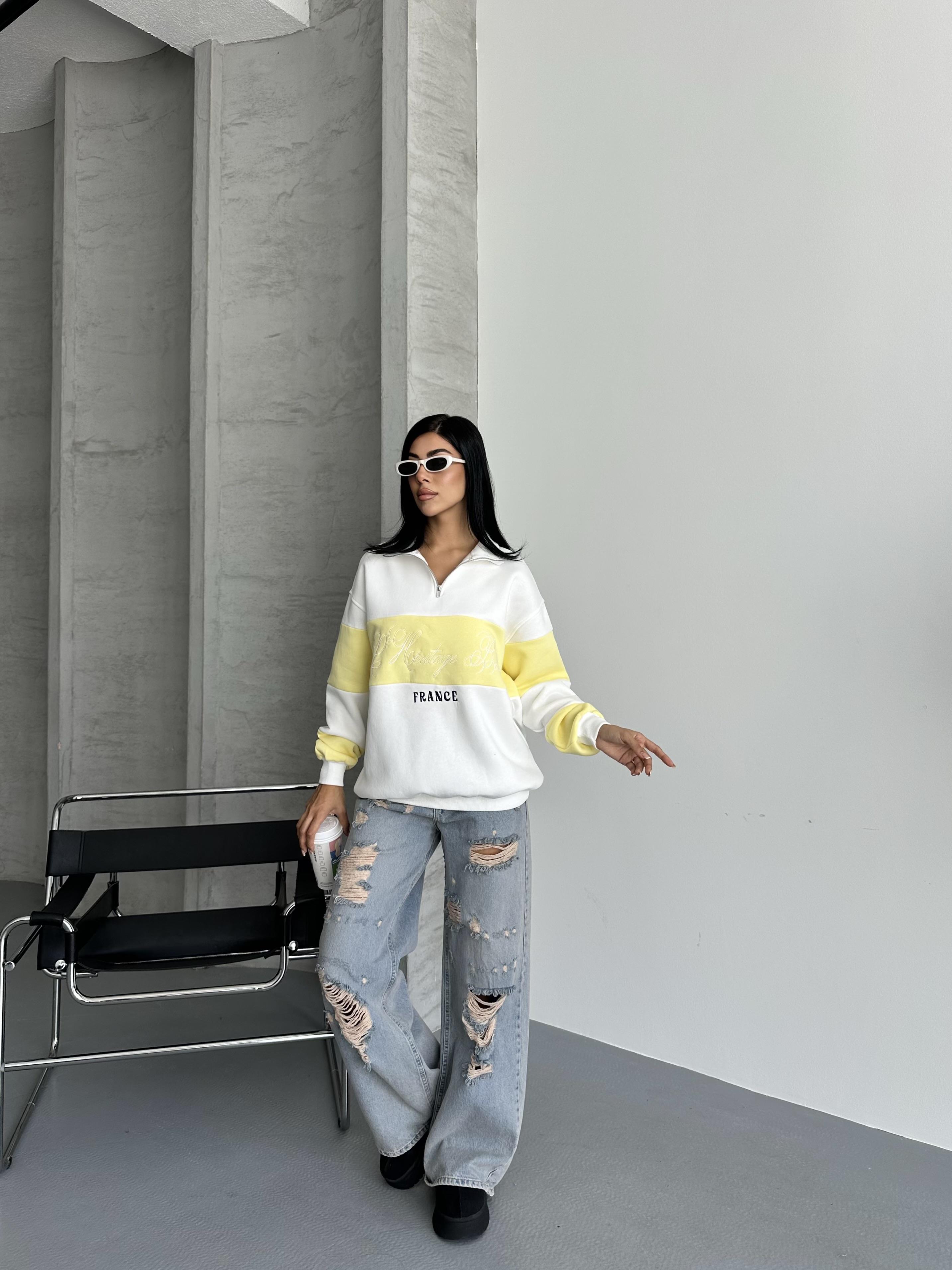 France Nakışlı Sarı Beyaz Sweatshirt