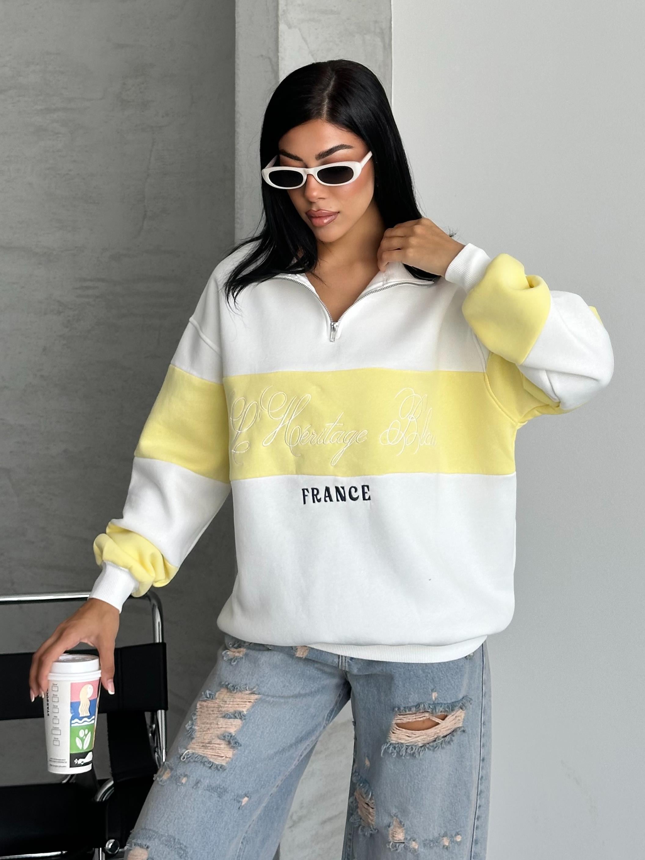 France Nakışlı Sarı Beyaz Sweatshirt
