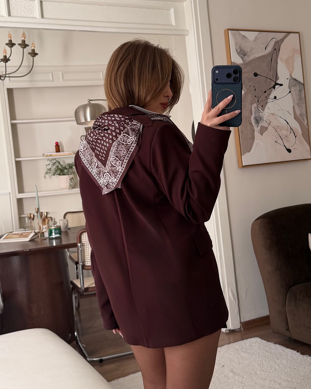 Fularlı Bordo Blazer Ceket