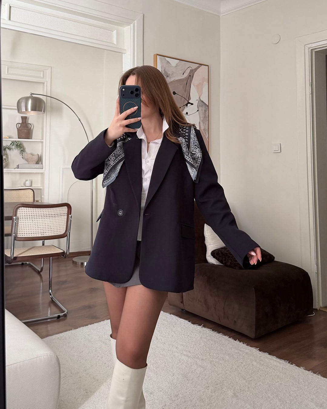 Fularlı Lacivert Blazer Ceket