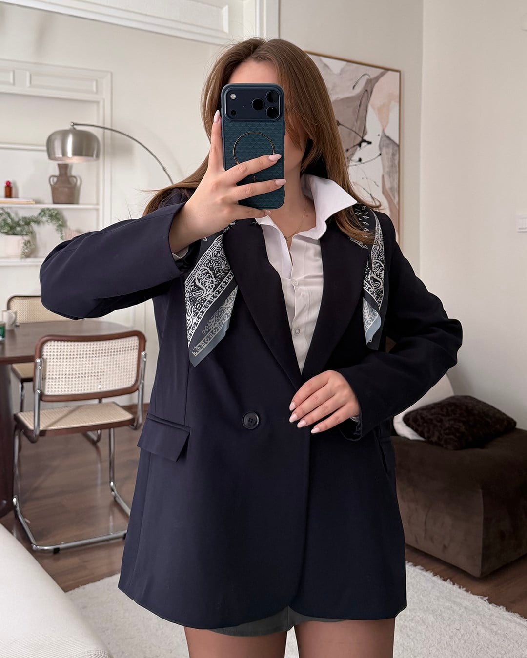 Fularlı Lacivert Blazer Ceket