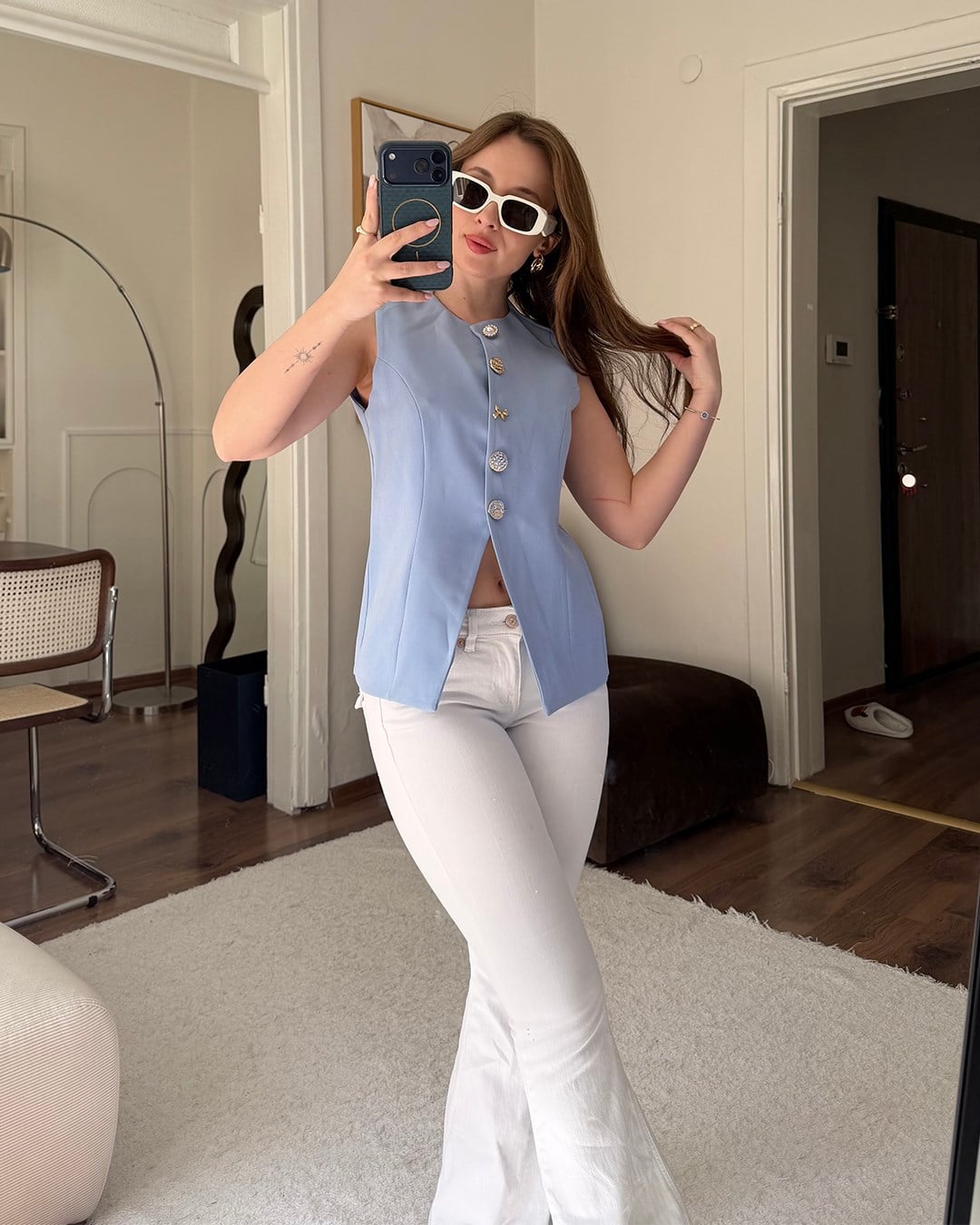 Gold Düğmeli Bebe Mavisi Blazer Yelek