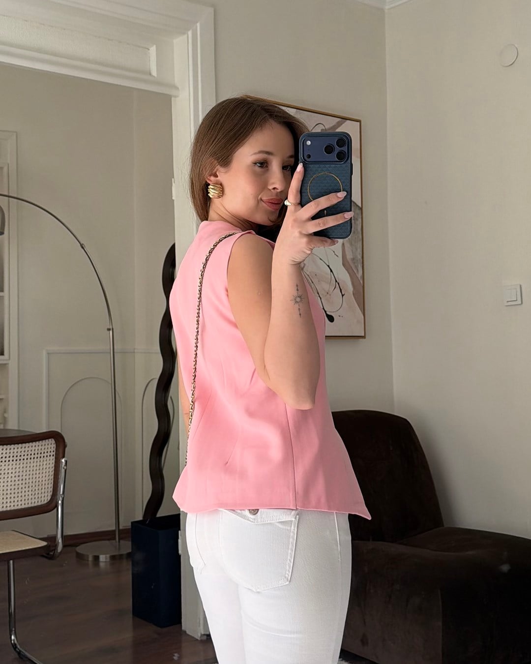 Gold Düğmeli Pembe Blazer Yelek