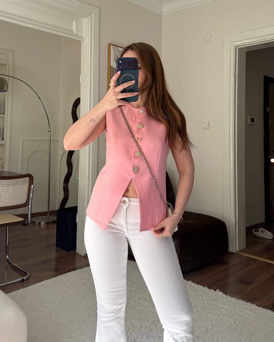 Gold Düğmeli Pembe Blazer Yelek