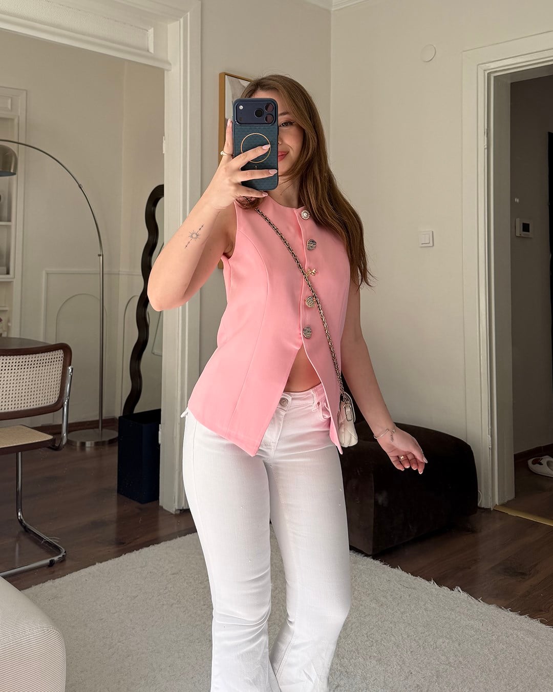 Gold Düğmeli Pembe Blazer Yelek