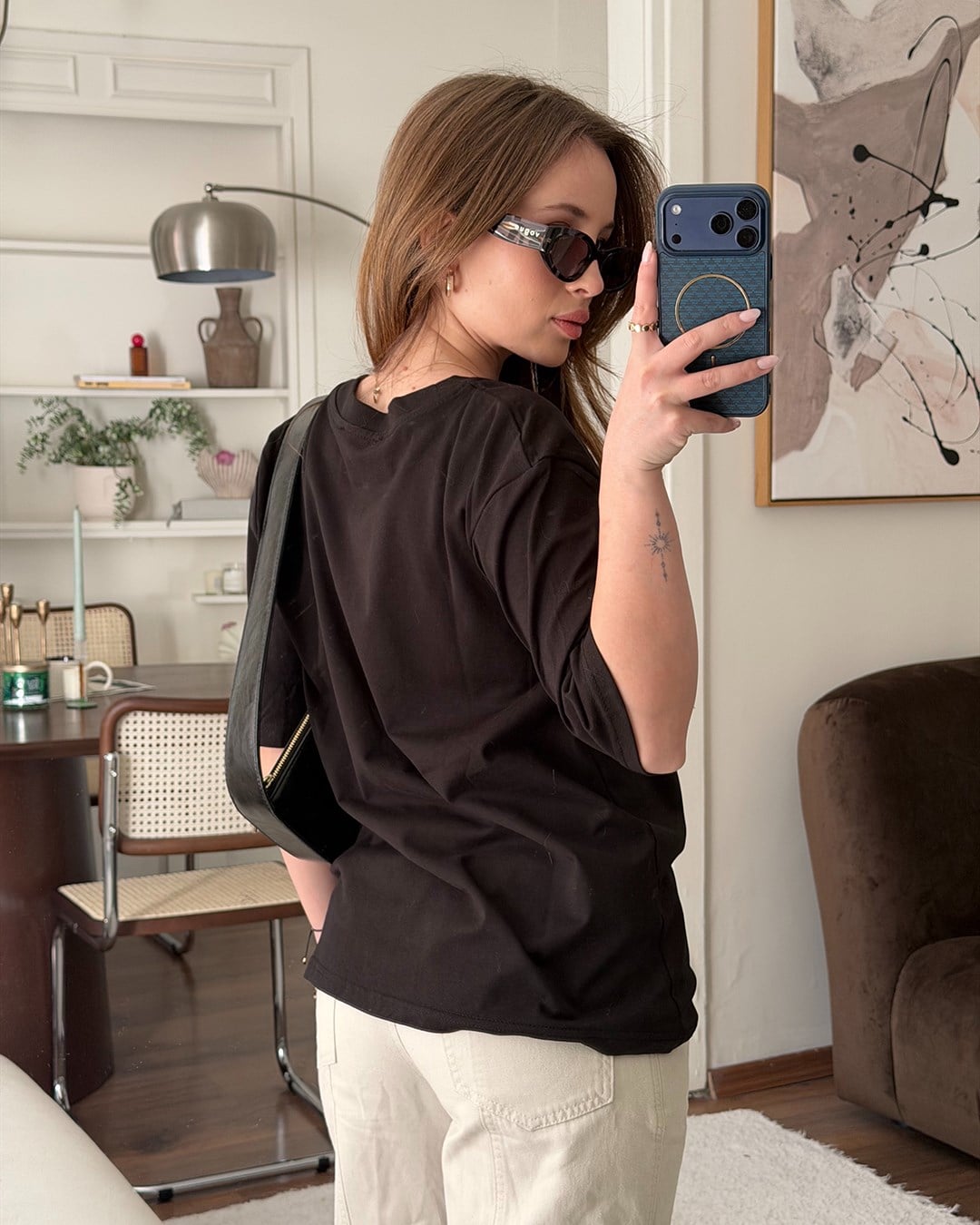 Grafik Baskılı Oversize Siyah Tişört