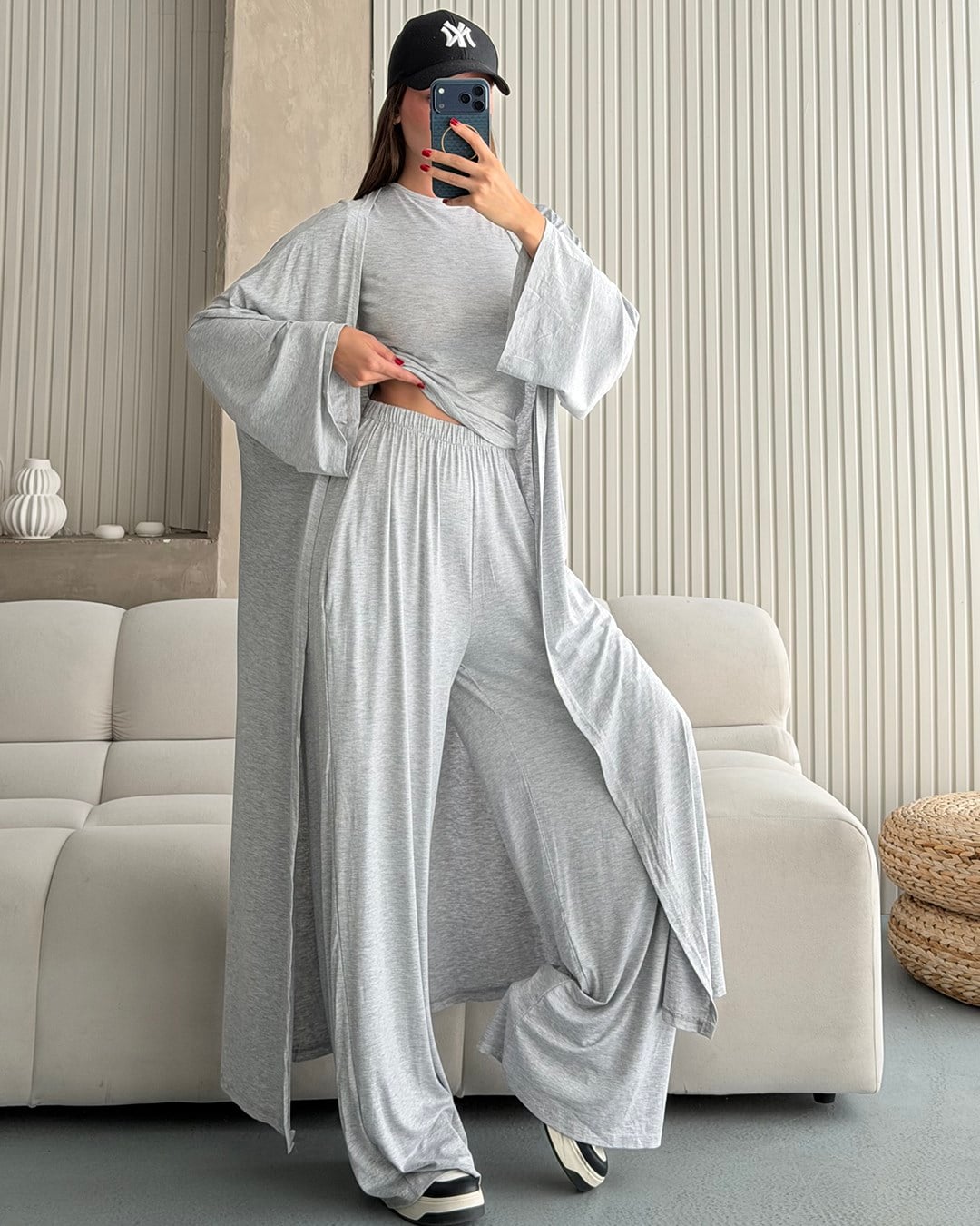 Gri Kimono Pantolon Bluz Üçlü Takım