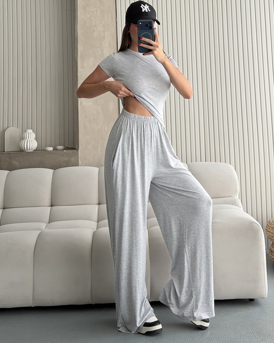 Gri Kimono Pantolon Bluz Üçlü Takım
