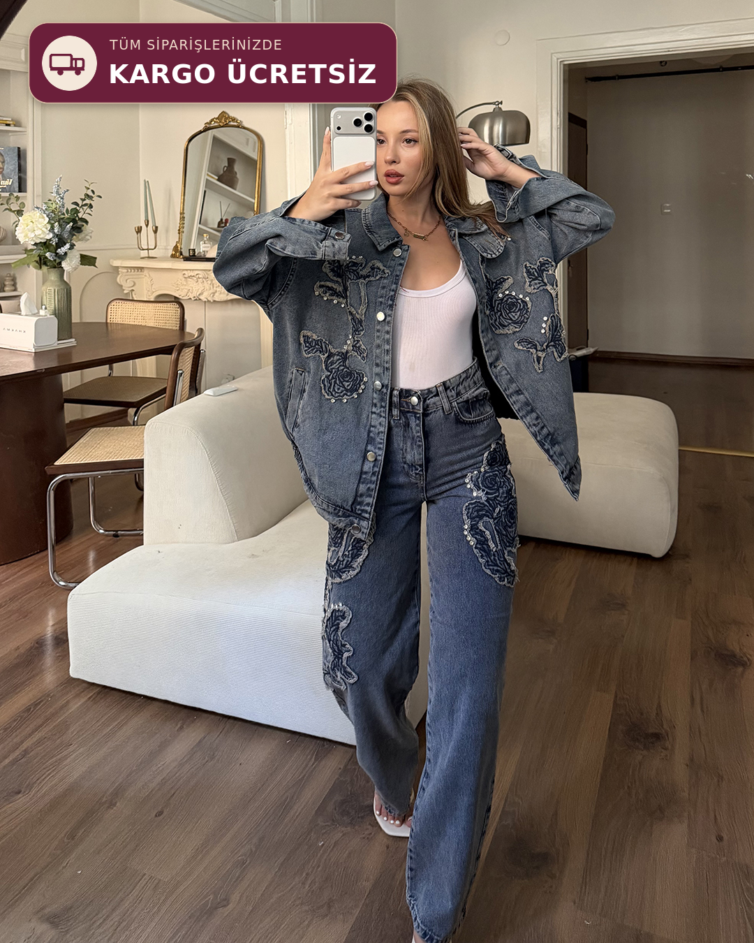 Gül Aplikeli Taşlı Denim Ceket Pantolon Takım
