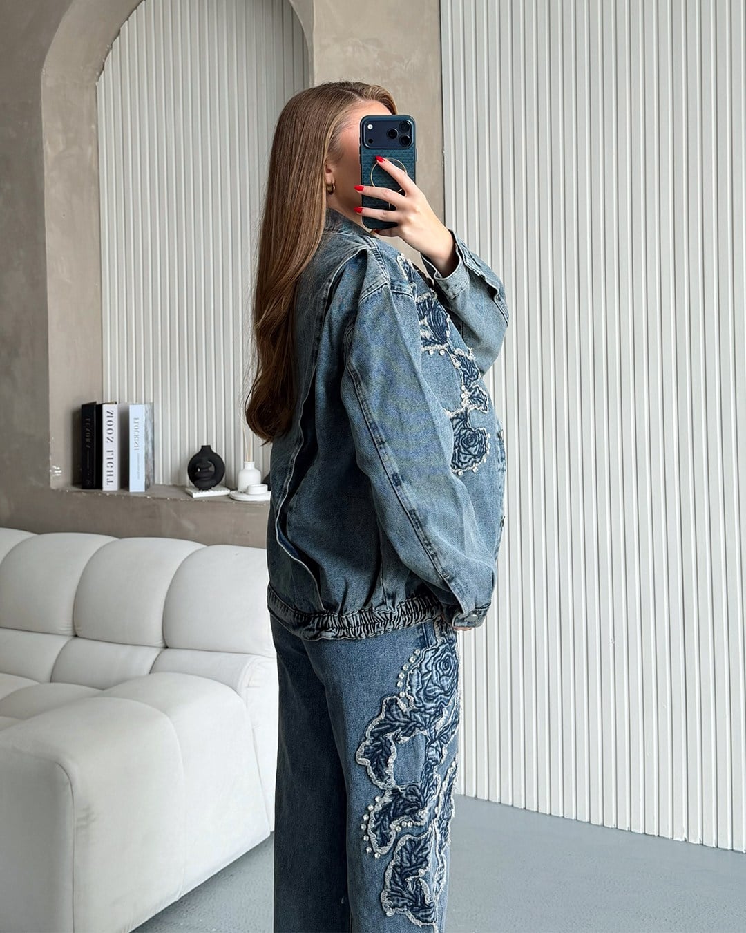 Gül Aplikeli Taşlı Denim Ceket Pantolon Takım