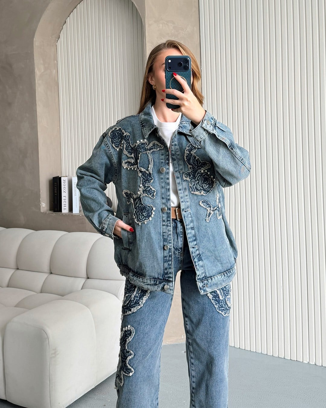 Gül Aplikeli Taşlı Denim Ceket Pantolon Takım