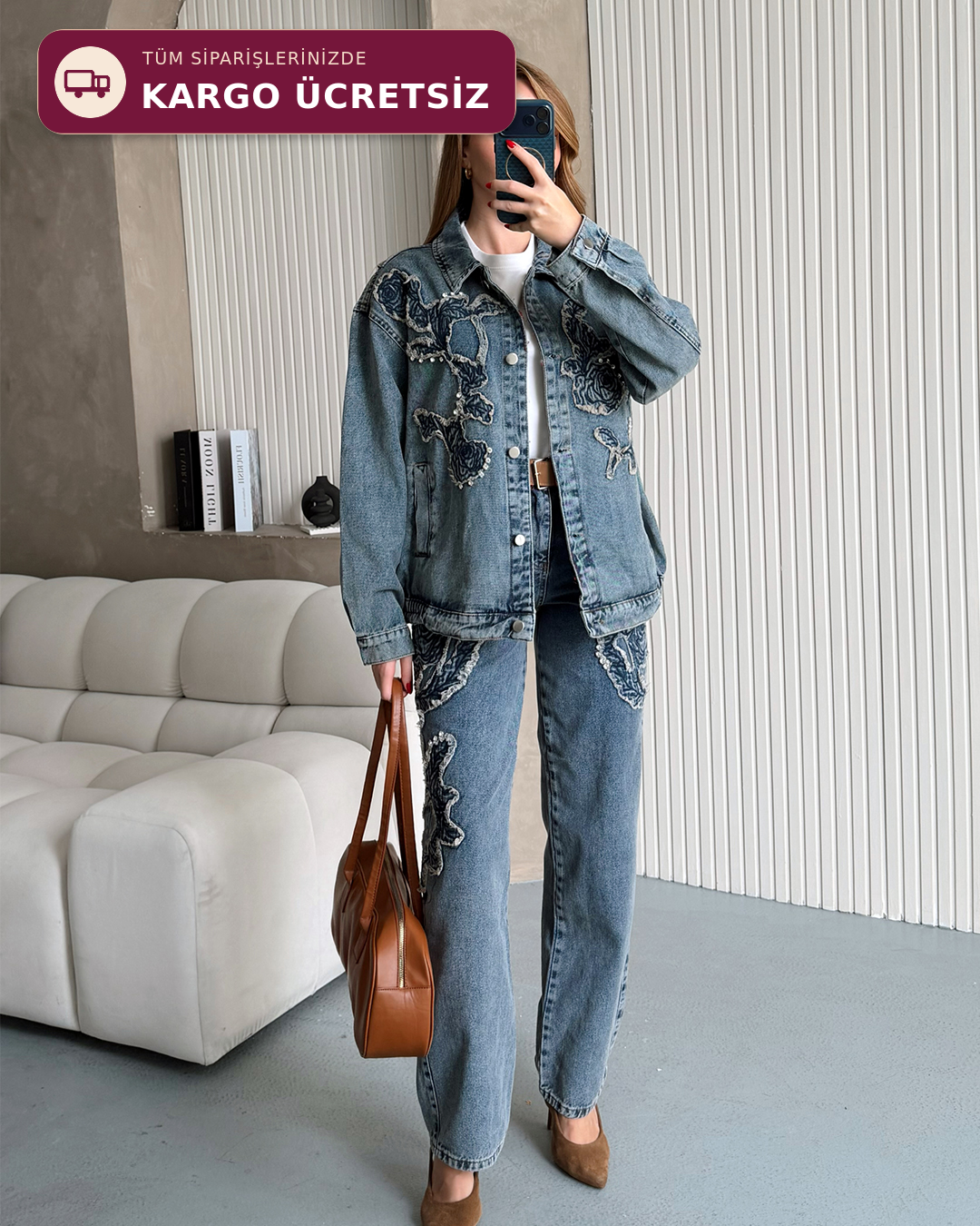 Gül Aplikeli Taşlı Denim Ceket Pantolon Takım