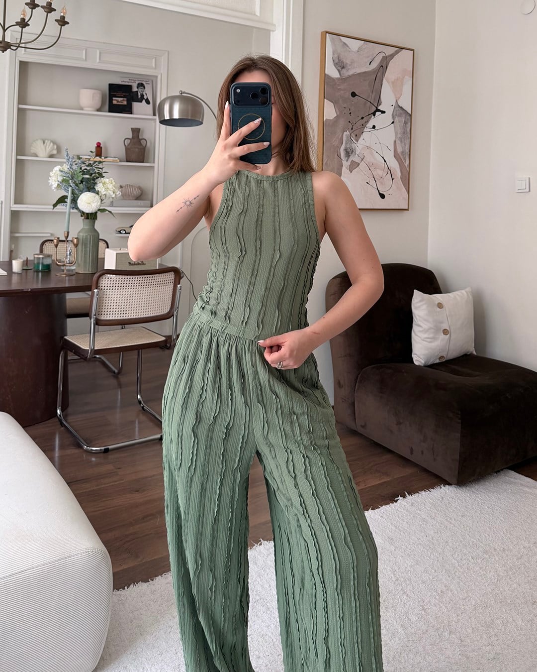 Haki Fitilli Crop Bluz Palazzo Pantolon Takım