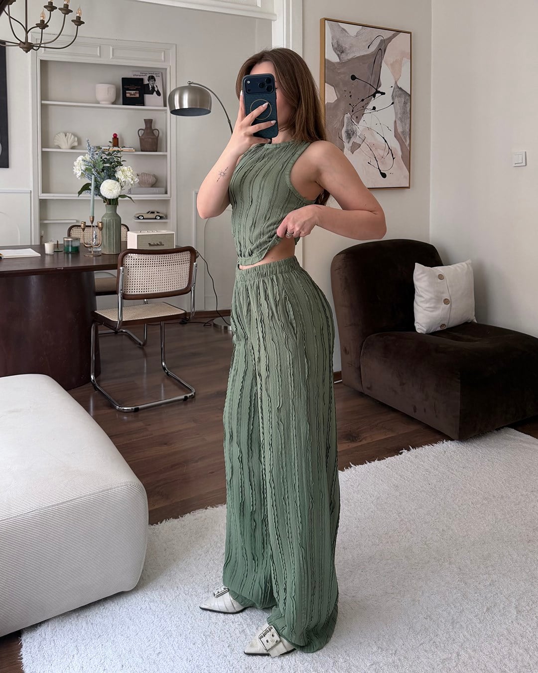 Haki Fitilli Crop Bluz Palazzo Pantolon Takım
