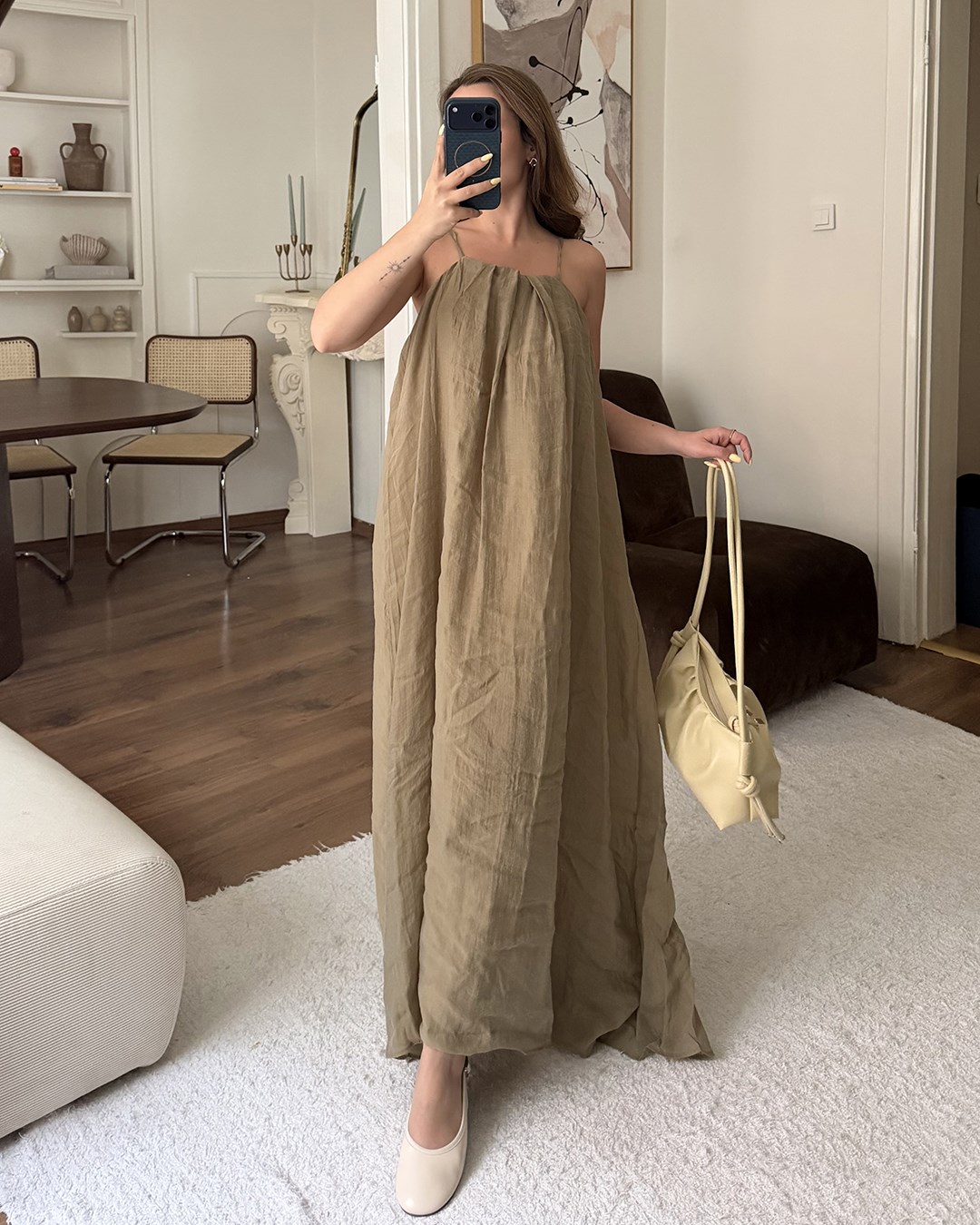 Haki Halter Yaka Maxi Elbise