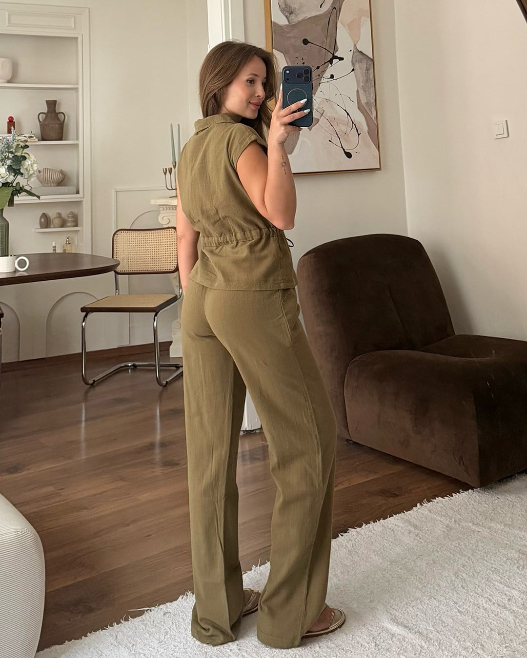 Haki Keten Yelek Pantolon Takım