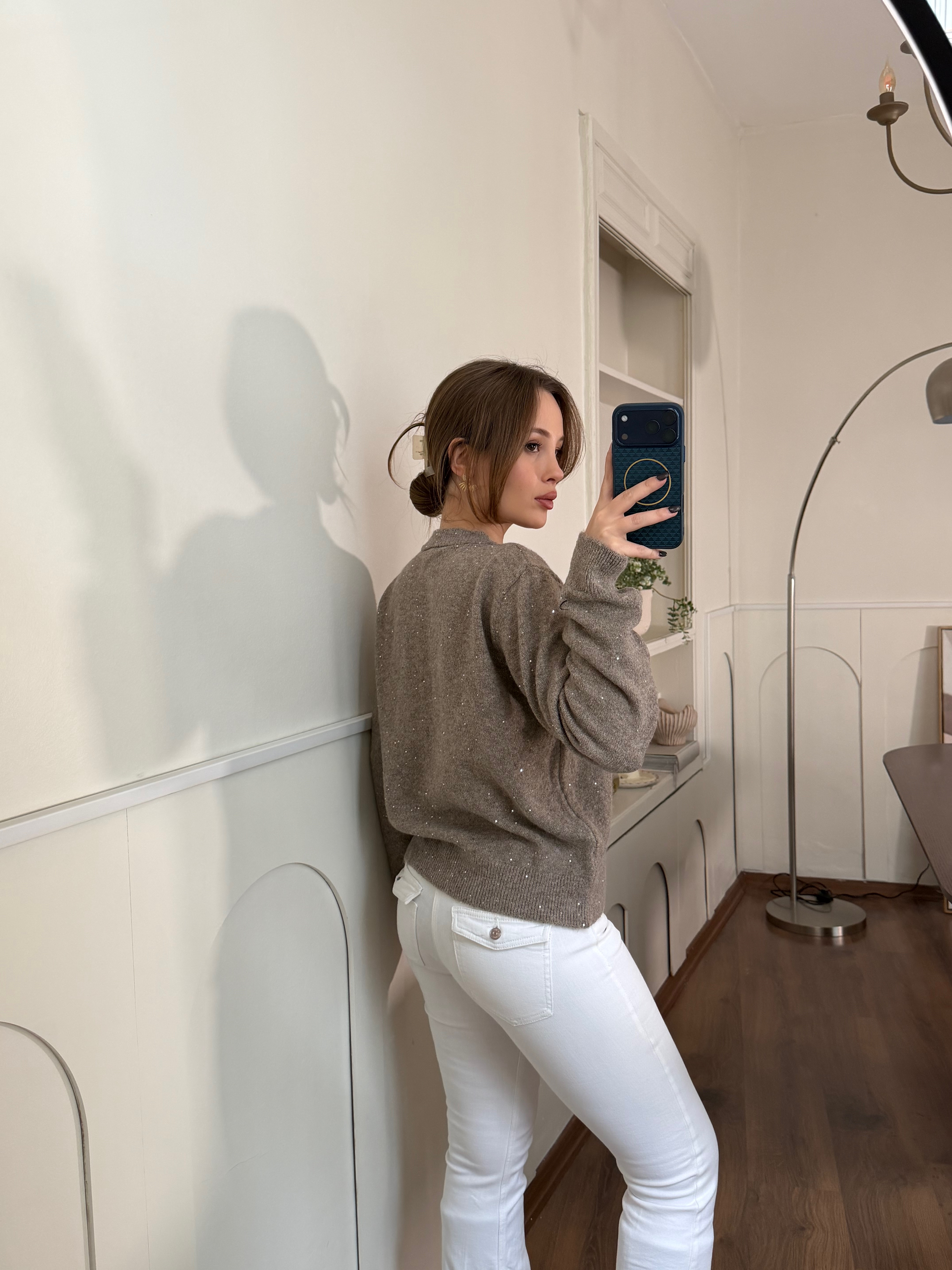 Işıltılı Düğmeli Vizon Triko Hırka