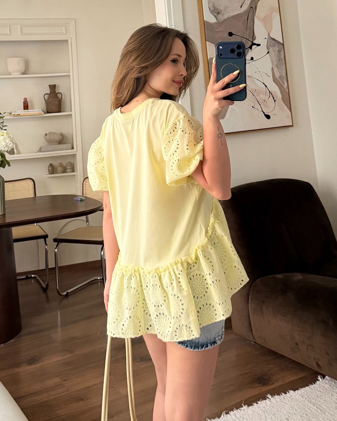 İşlemeli Balon Kol Sarı Bluz