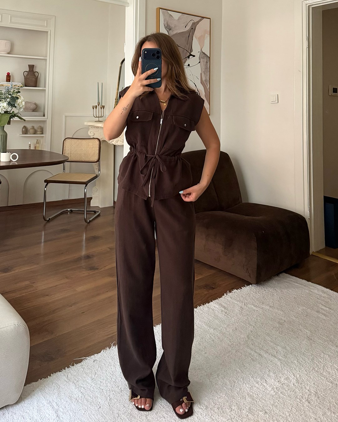 Kahverengi Keten Yelek Pantolon Takım