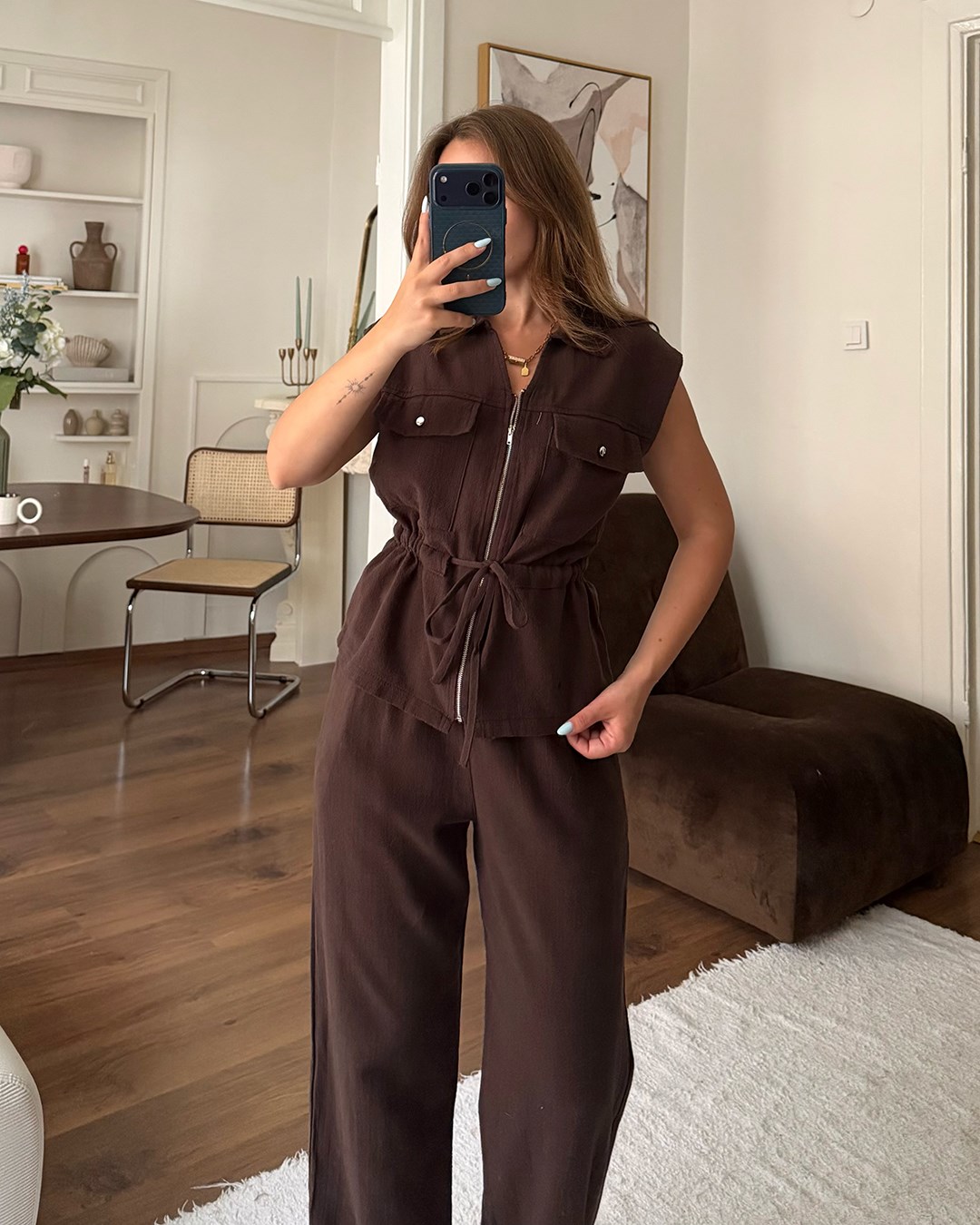 Kahverengi Keten Yelek Pantolon Takım