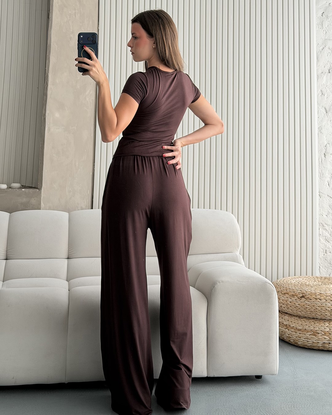 Kahverengi Kimono Pantolon Bluz Üçlü Takım