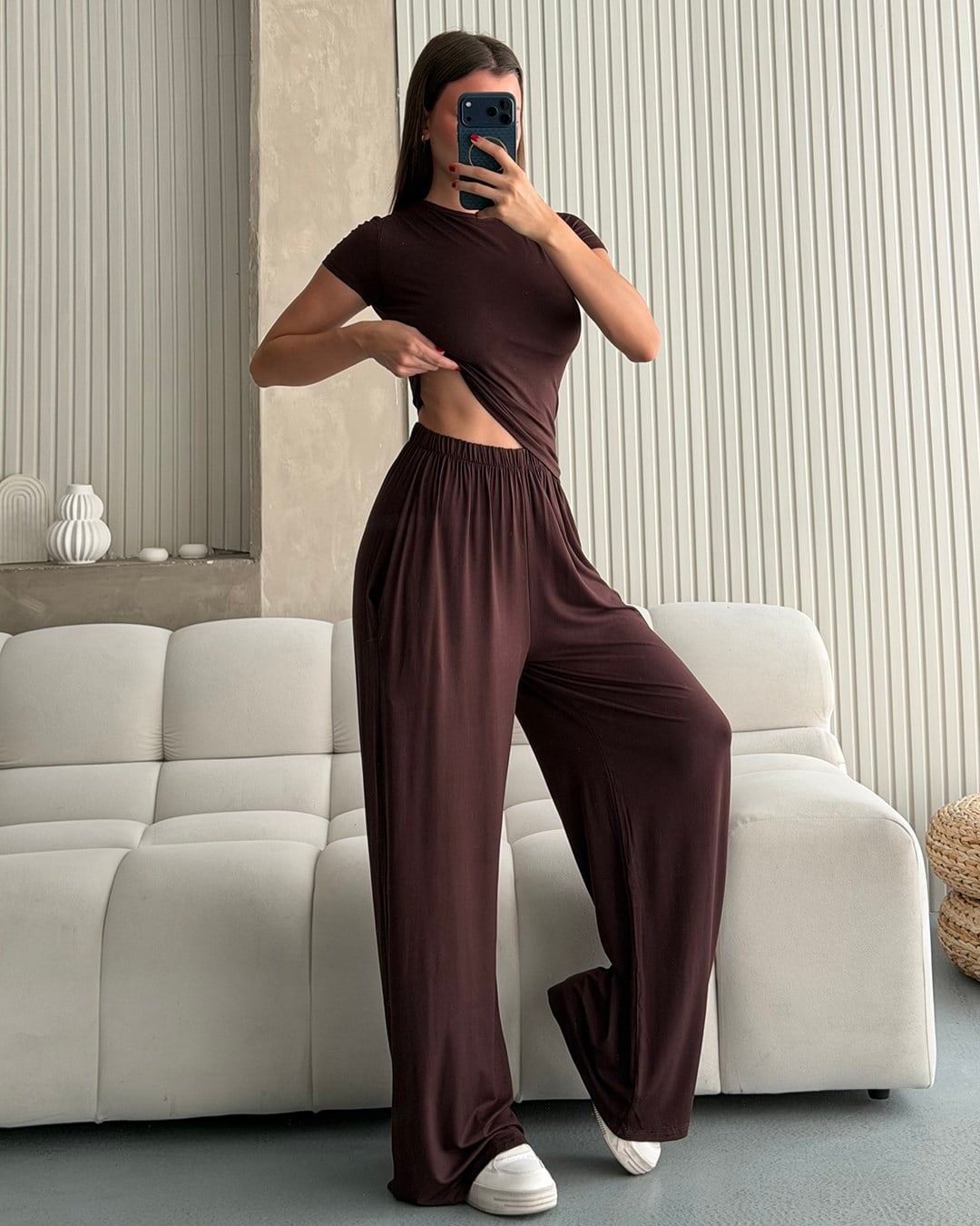 Kahverengi Kimono Pantolon Bluz Üçlü Takım