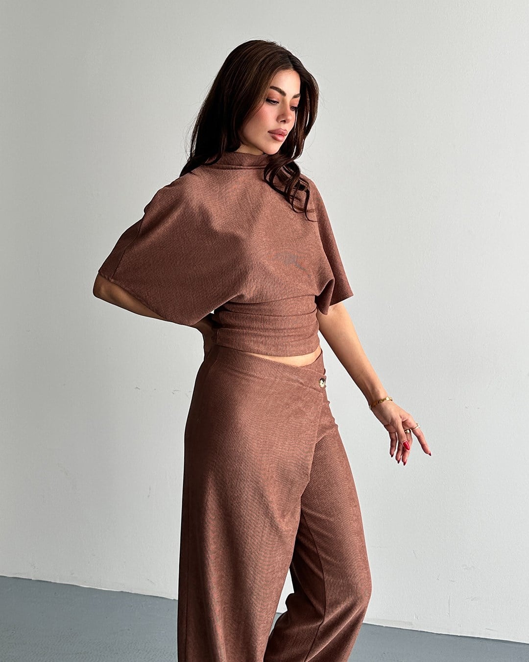 Kahverengi Kruvaze Bel Detaylı İkili Takım