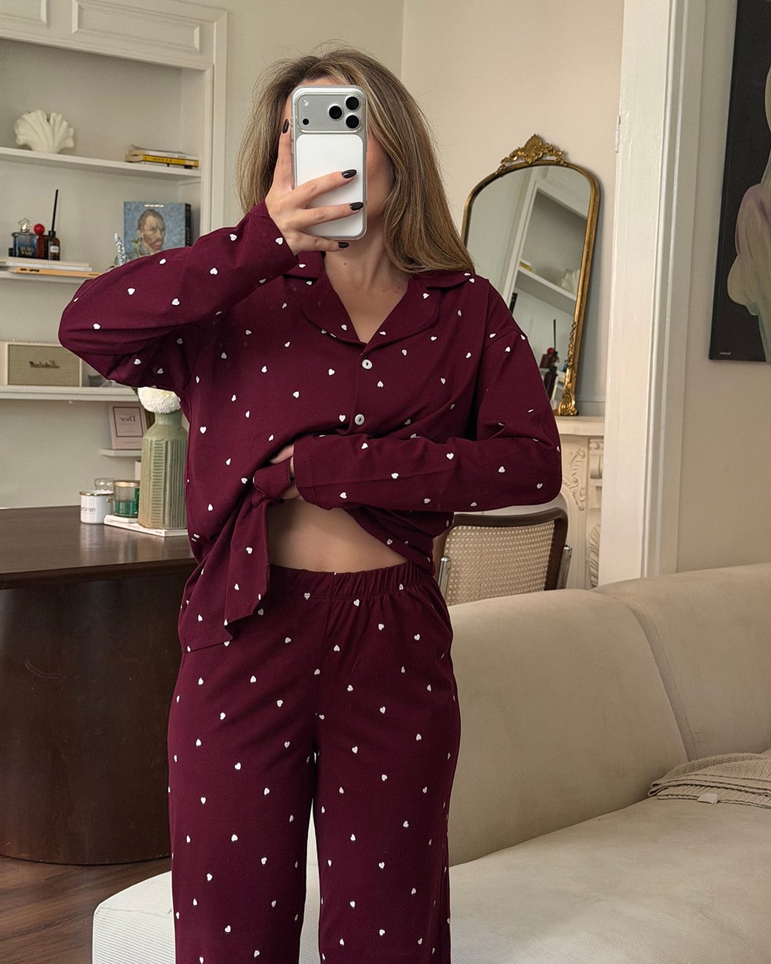 Kalp Desenli İkili Bordo Pijama Takımı