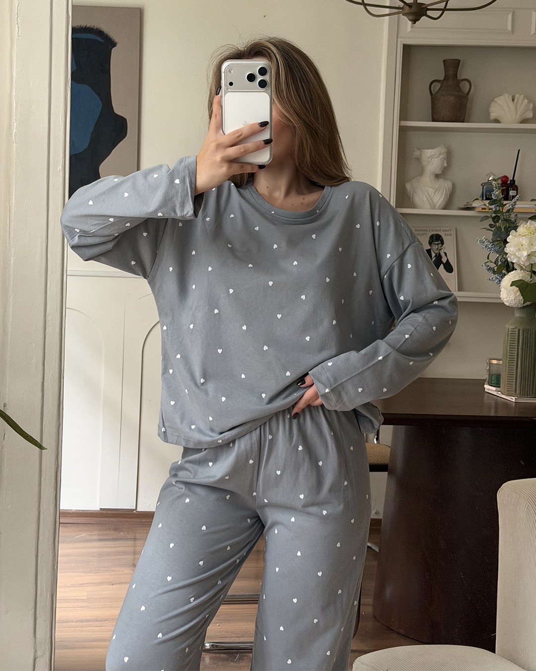 Kalp Desenli İkili Gri Pijama Takımı