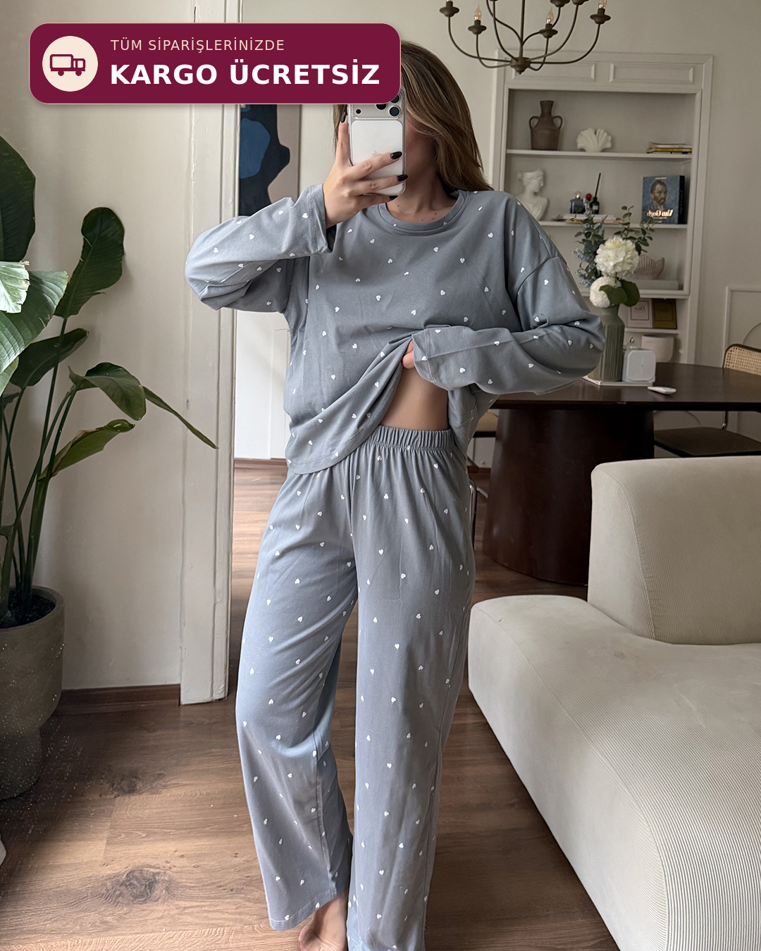 Kalp Desenli İkili Gri Pijama Takımı