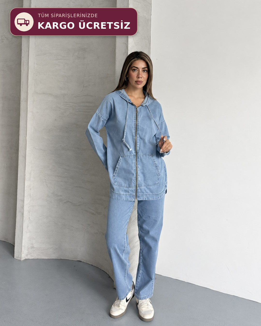 Kapüşonlu Denim Ceket Pantolon İkili Takım