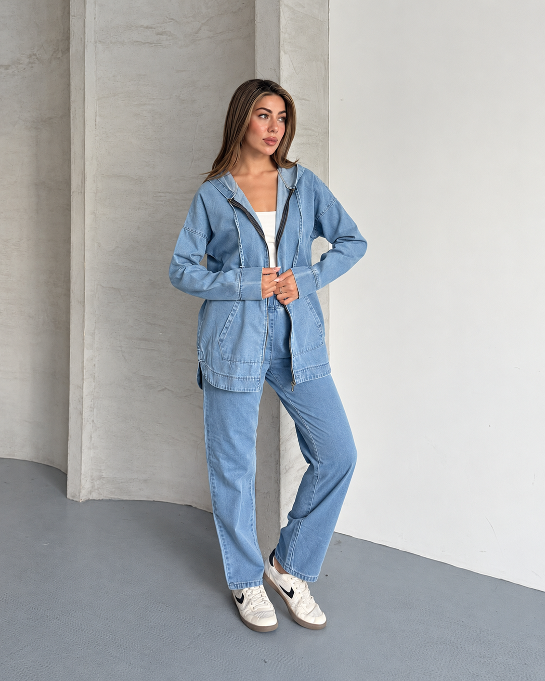 Kapüşonlu Denim Ceket Pantolon İkili Takım
