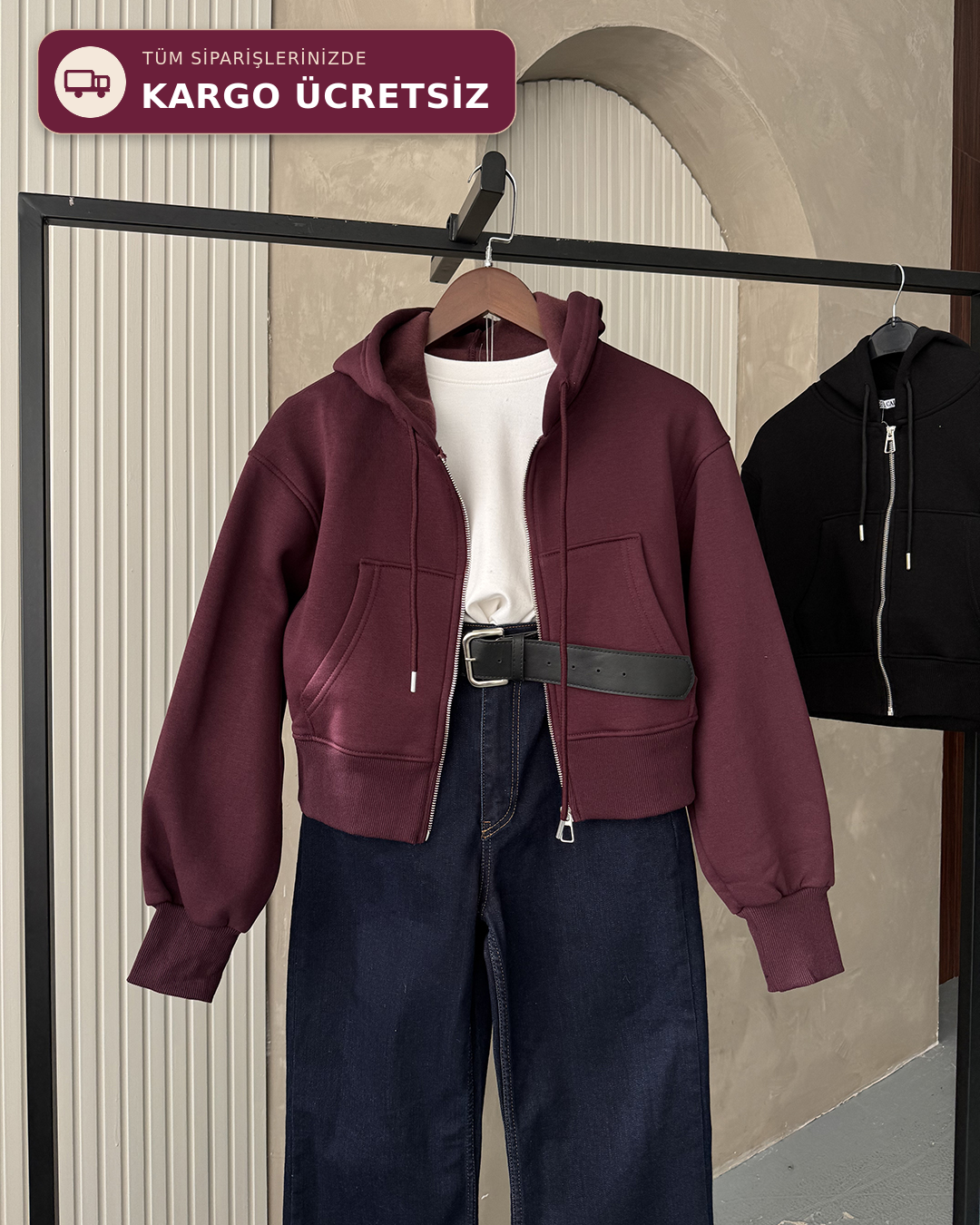 Kapüşonlu Fermuarlı Crop Bordo Sweatshirt