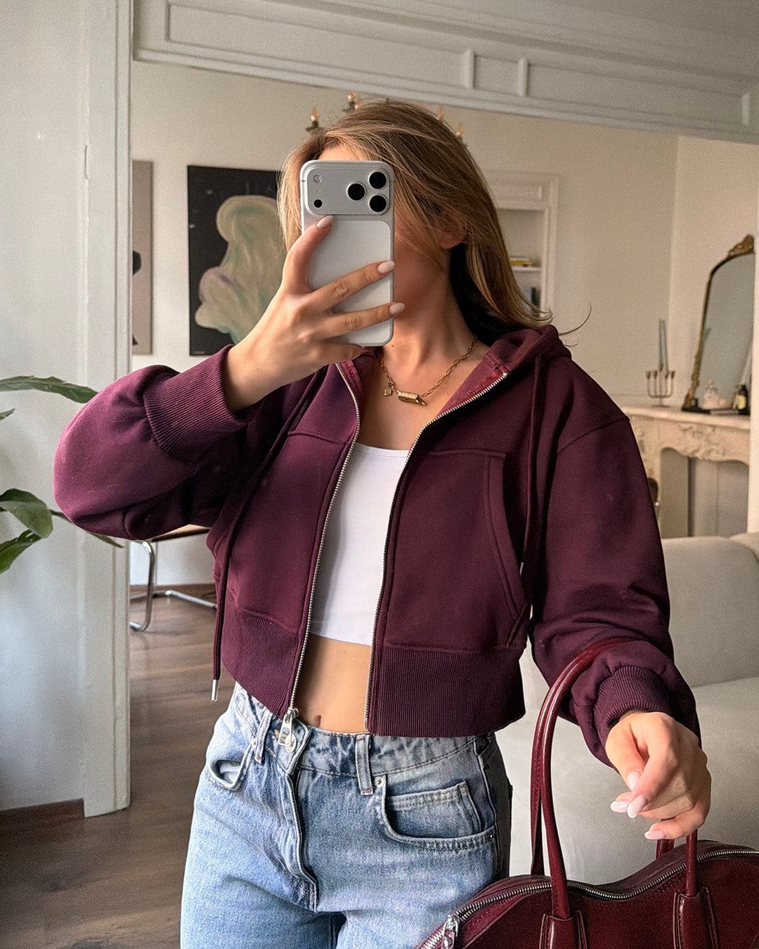 Kapüşonlu Fermuarlı Crop Bordo Sweatshirt