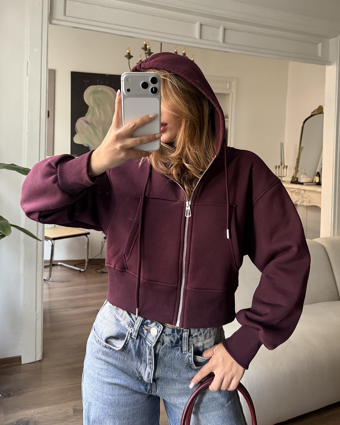 Kapüşonlu Fermuarlı Crop Bordo Sweatshirt
