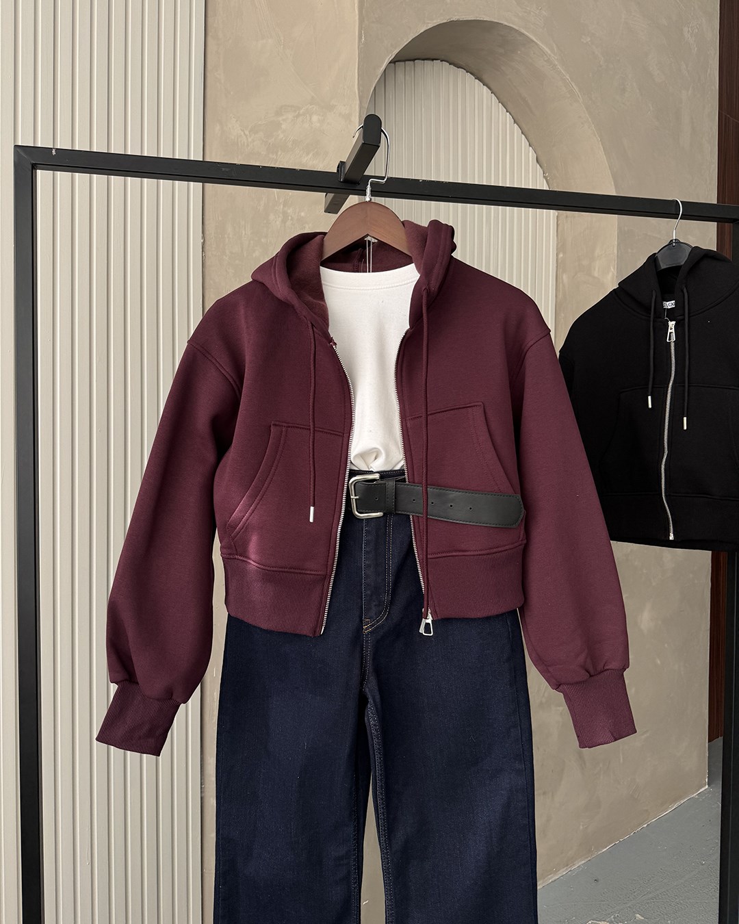 Kapüşonlu Fermuarlı Crop Bordo Sweatshirt